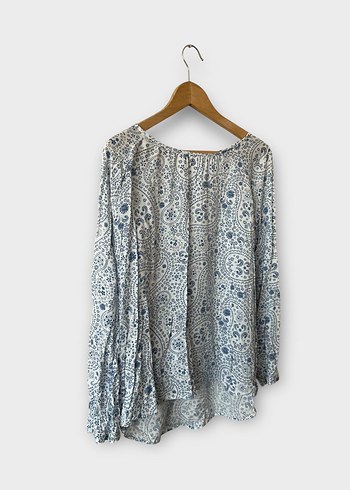 Bohem Uzun Kollu Mavi Beyaz Poplin Bluz - Görsel 3