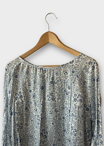 Bohem Uzun Kollu Mavi Beyaz Poplin Bluz - Görsel 5