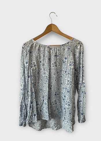 Bohem Uzun Kollu Mavi Beyaz Poplin Bluz - Görsel 2