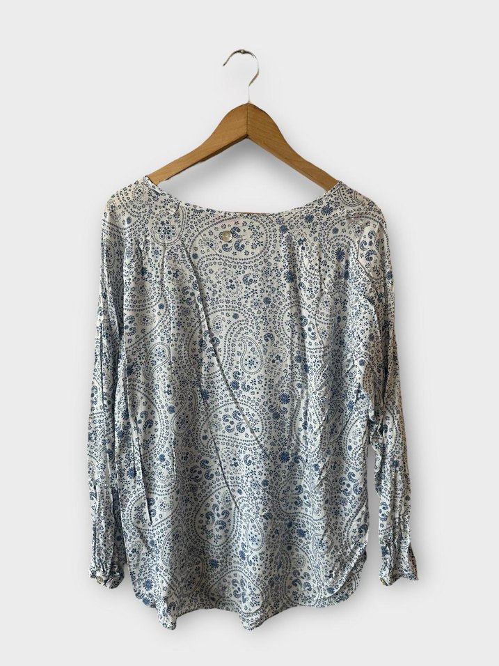 Bohem Uzun Kollu Mavi Beyaz Poplin Bluz - Görsel 4