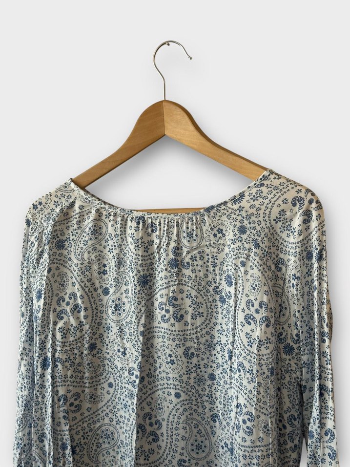 Bohem Uzun Kollu Mavi Beyaz Poplin Bluz - Görsel 5