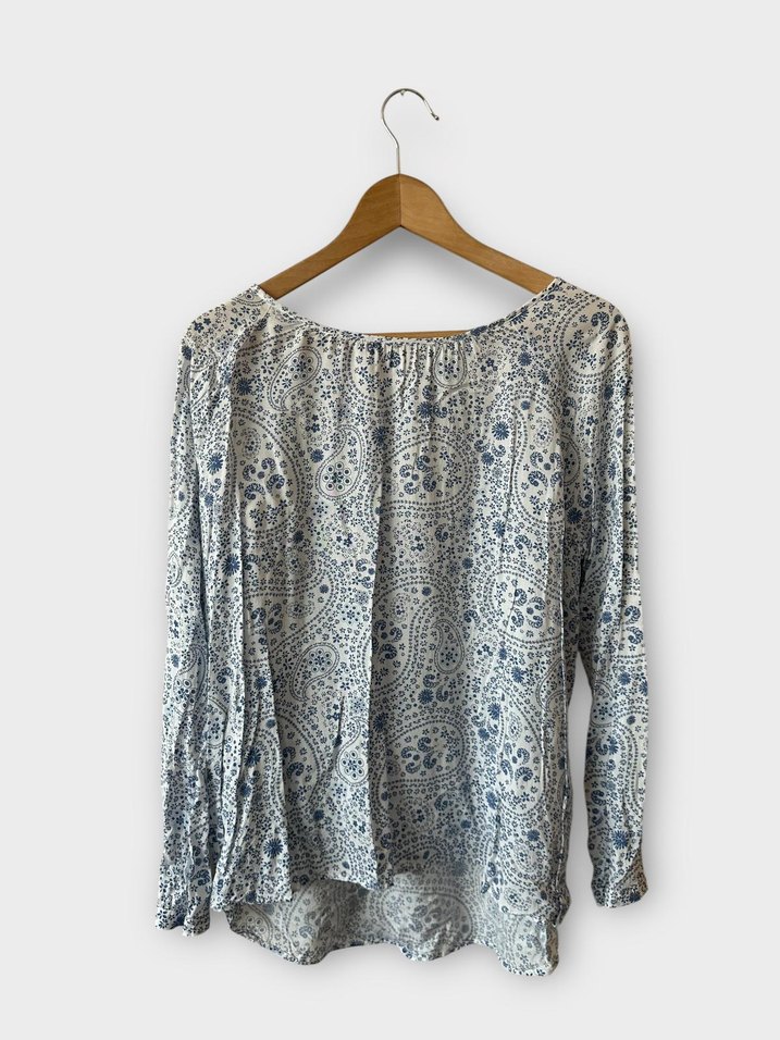 Bohem Uzun Kollu Mavi Beyaz Poplin Bluz - Görsel 2