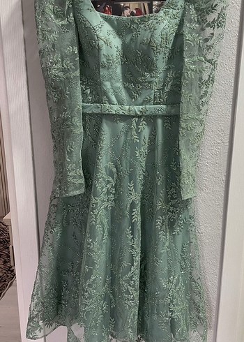 Vintage Dantel İşlemeli Uzun Yeşil Elbise - Görsel 2