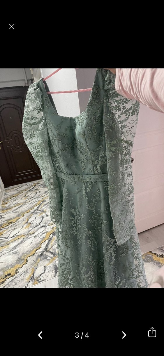 Vintage Dantel İşlemeli Uzun Yeşil Elbise - Görsel 3