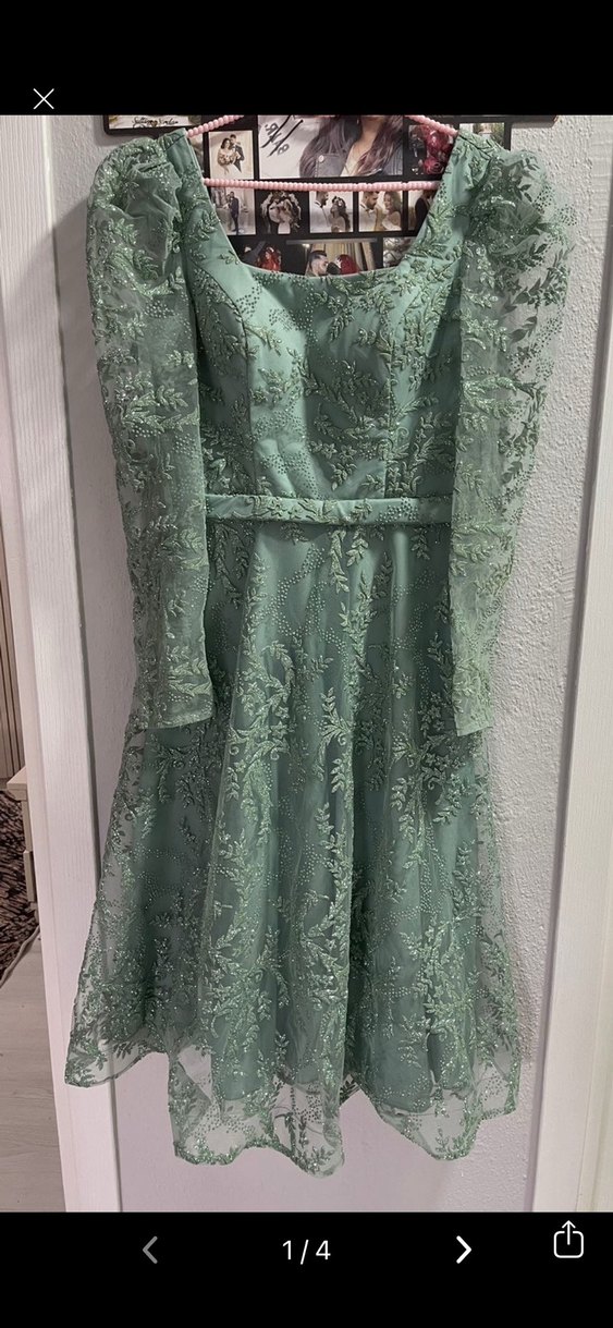 Vintage Dantel İşlemeli Uzun Yeşil Elbise - Görsel 2