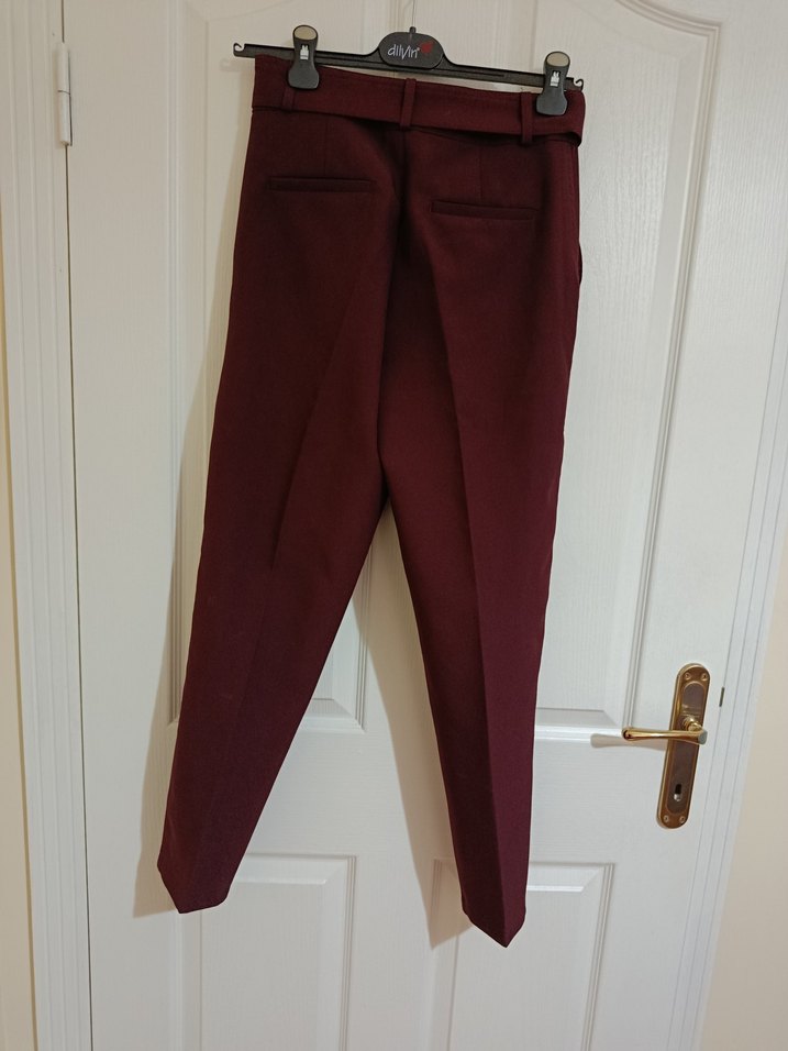 Bordo Kemerli Kadın Kumaş Pantolon - Görsel 2