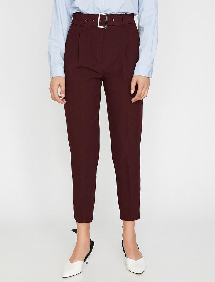 Bordo Kemerli Kadın Kumaş Pantolon - Görsel 4