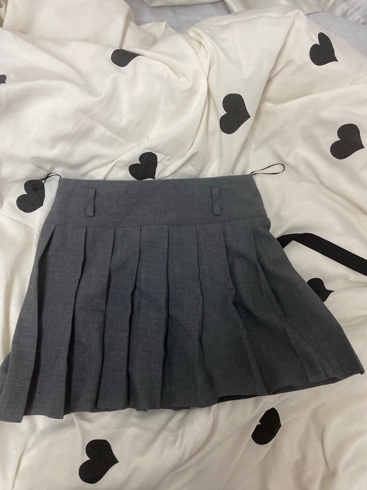 Gri Pileli Midi Kot Etek - Görsel 2