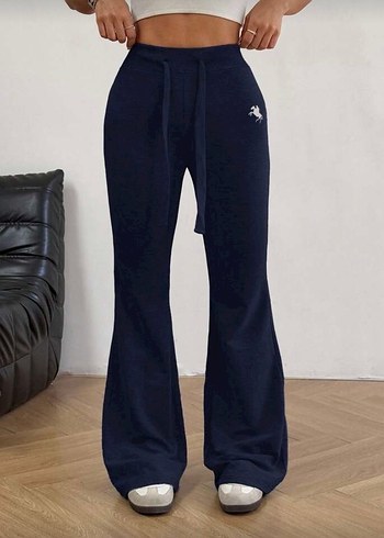 Shein Kemerli Mavi Kadın İspanyol Paça Eşofman Altı - Görsel 4