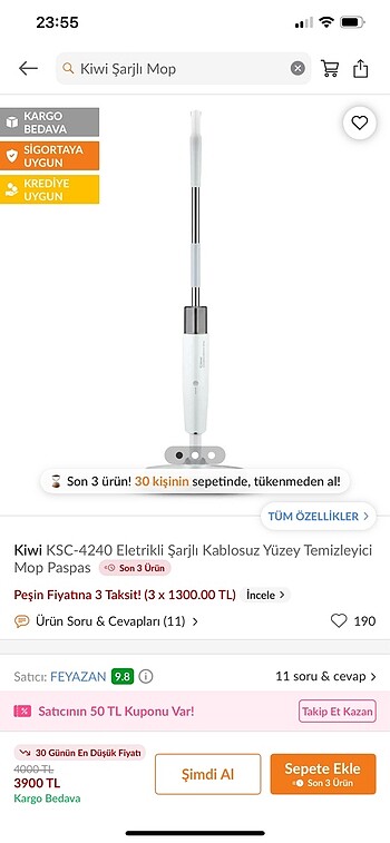 Kiwi şarjlı mop paspas
