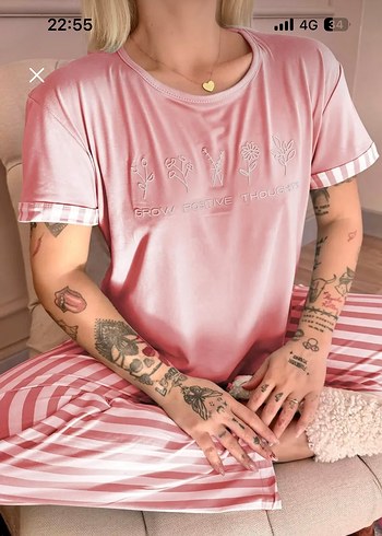 Diğer Pembe Çizgili Midi Kadın Pijama Takımı