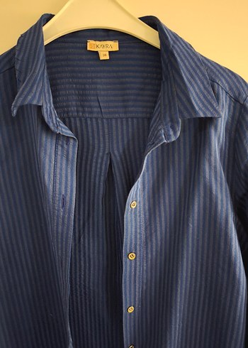 kayra Mavi Düğmeli Keten Kadın Gömlek - Görsel 5