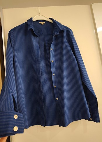 kayra Mavi Düğmeli Keten Kadın Gömlek - Görsel 4