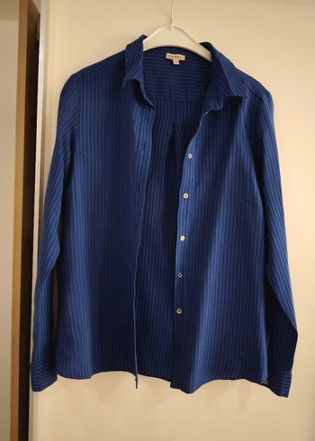 kayra Mavi Düğmeli Keten Kadın Gömlek - Görsel 3