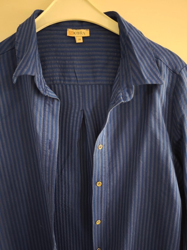 kayra Mavi Düğmeli Keten Kadın Gömlek - Görsel 5