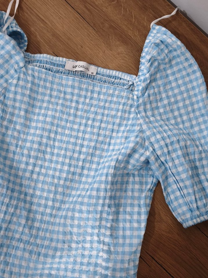 Mavi Kısa Kollu Kareli Keten Bluz - Görsel 3