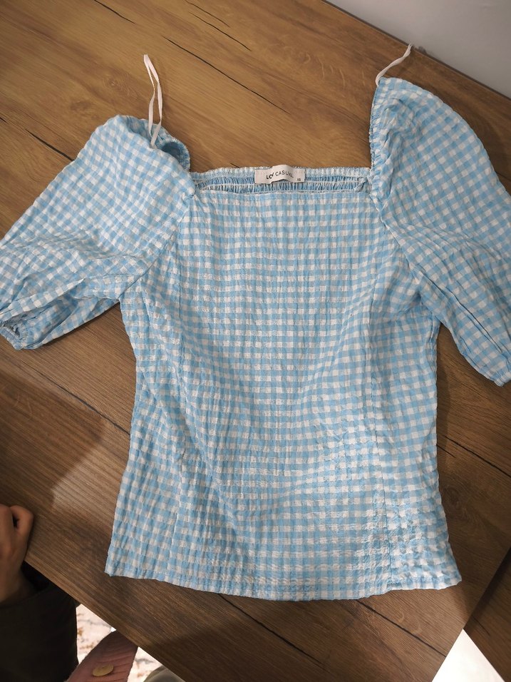 Mavi Kısa Kollu Kareli Keten Bluz - Görsel 2