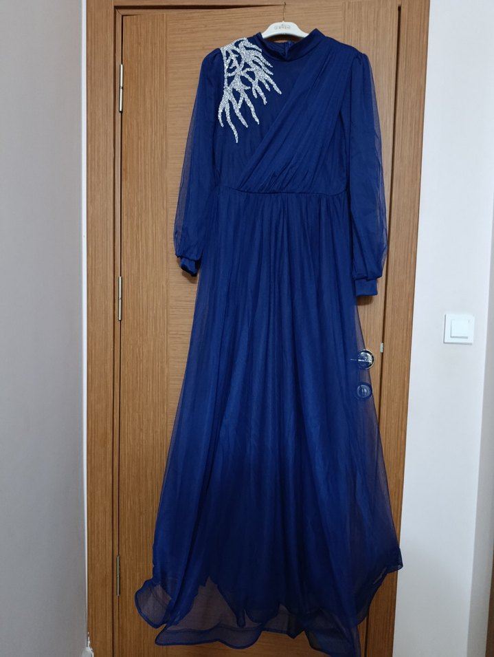 Uzun Kol Drapeli Lacivert Tesettür Elbise - Görsel 2