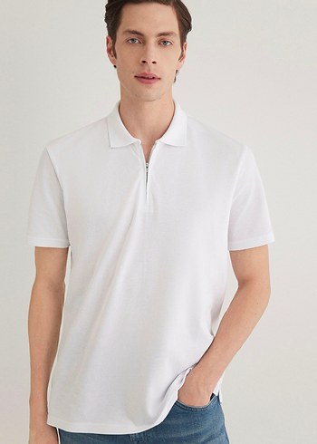 Fermuarlı Beyaz Erkek Polo Tişört - Görsel 7