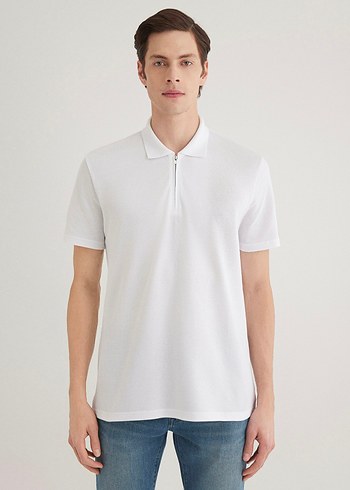 Fermuarlı Beyaz Erkek Polo Tişört - Görsel 8