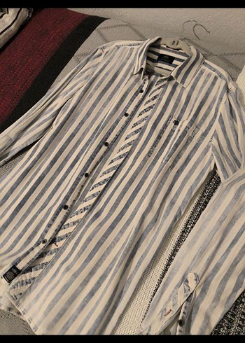 Erkek Uzun Kollu Çizgili Keten Gömlek - Görsel 5