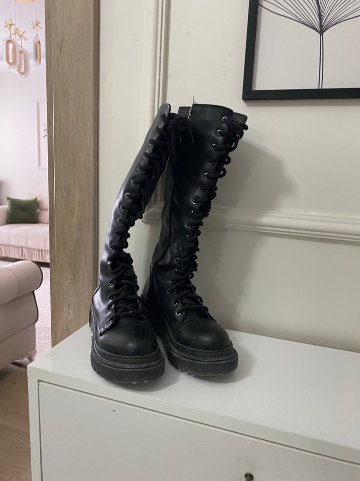 Siyah Deri ipli çizme - Görsel 2