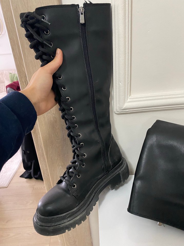 Siyah Deri ipli çizme - Görsel 4