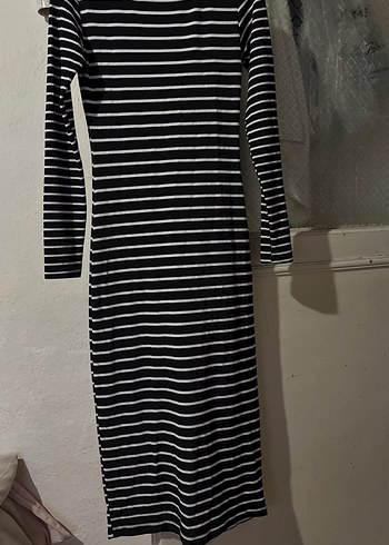 Çizgili Siyah Uzun Kollu Elbise - Görsel 2