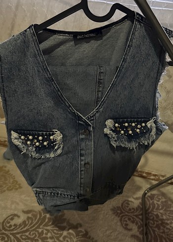 Kadın Gri Kısa Kot Yelek İnci Detaylı - Görsel 2