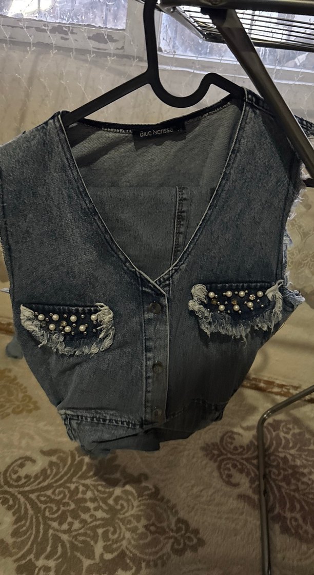 Kadın Gri Kısa Kot Yelek İnci Detaylı - Görsel 2