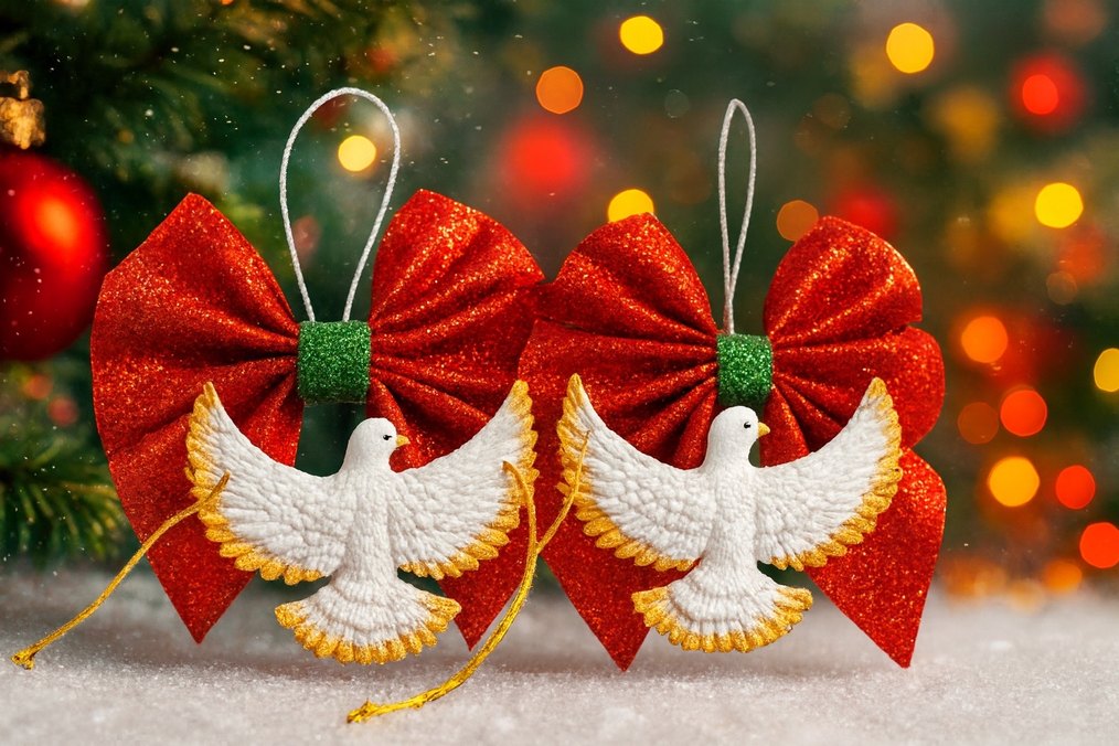 Beyaz Güvercin ve Kırmızı Fiyonk Yılbaşı Süsü - Görsel 2