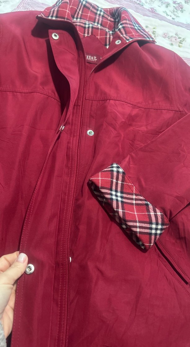 Bordo fermuarlı, Düğmeli Midi Kadın Ceket - Görsel 2