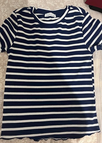 Lacivert Beyaz Çizgili Kadın Tişört - Görsel 2