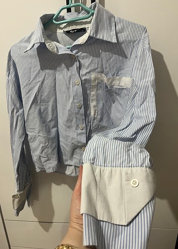 Düğmeli Uzun Kollu Mavi Kadın Gömlek - Görsel 2