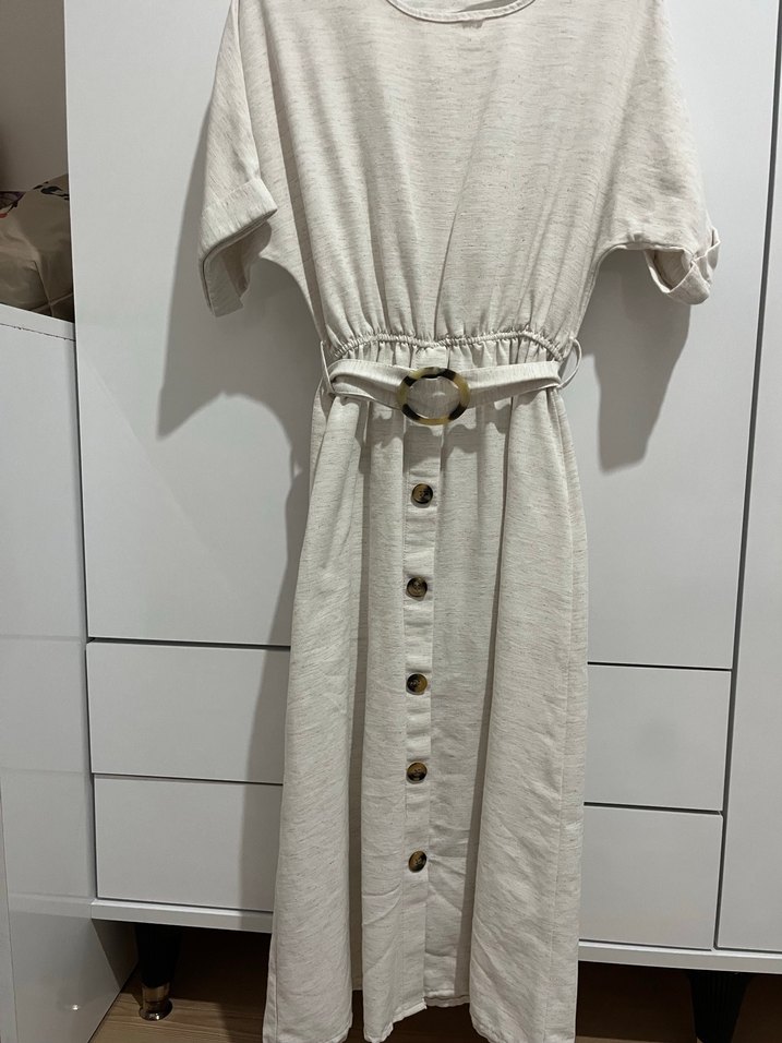 Krem Keten Uzun Elbise - Görsel 3