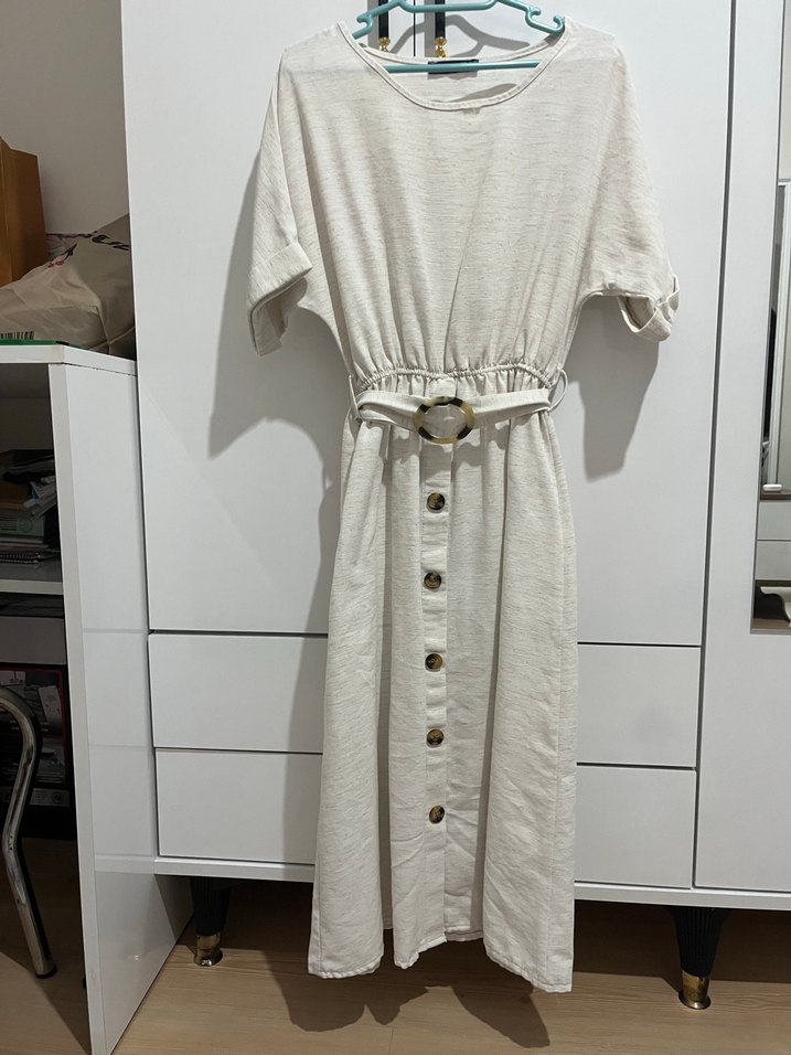 Krem Keten Uzun Elbise - Görsel 2