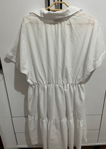 Beyaz Mini Keten Elbise, Fırfırlı, Kısa Kollu - Görsel 3