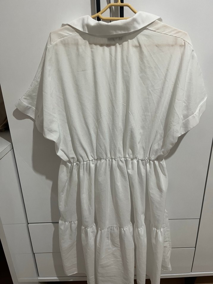 Beyaz Mini Keten Elbise, Fırfırlı, Kısa Kollu - Görsel 3