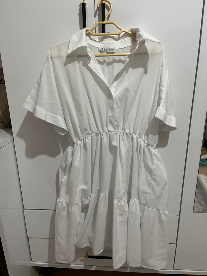 Beyaz Mini Keten Elbise, Fırfırlı, Kısa Kollu - Görsel 2