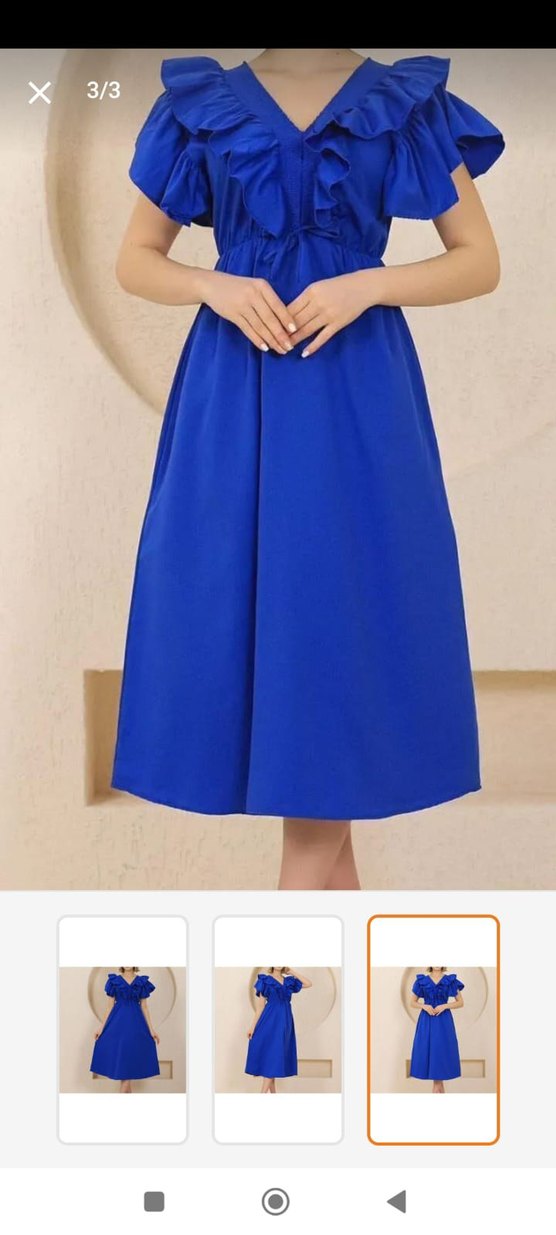 Fırfırlı V Yaka Midi Mavi Elbise - Görsel 2