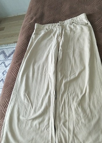 kahve Keten Bol Paça Kadın Jean - Görsel 2