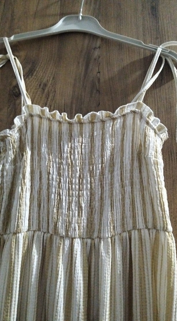 Bej Kadın Uzun Keten Pliseli Elbise - Görsel 2