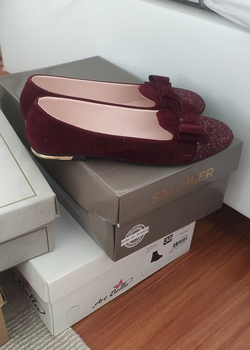 Bordo Kadın Süet Simli Topuklu Babet - Görsel 5