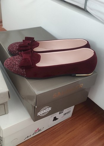 Bordo Kadın Süet Simli Topuklu Babet - Görsel 4