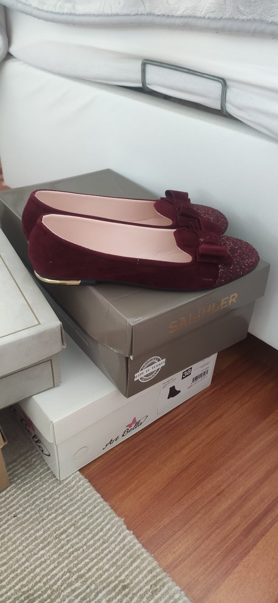 Bordo Kadın Süet Simli Topuklu Babet - Görsel 5