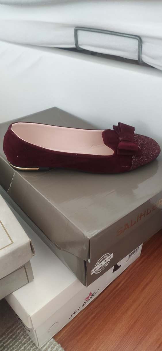 Bordo Kadın Süet Simli Topuklu Babet - Görsel 2