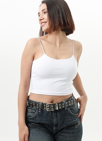 Diğer Kadın Beyaz Sırt Detaylı İnce İp Askılı Crop Top / S