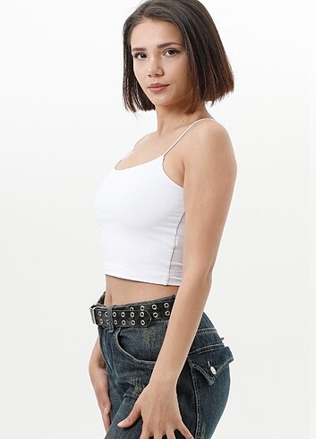 s Beden Kadın Beyaz Sırt Detaylı İnce İp Askılı Crop Top / S