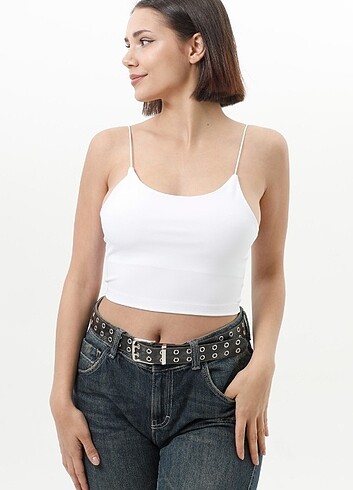 s Beden beyaz Renk Kadın Beyaz Sırt Detaylı İnce İp Askılı Crop Top / S