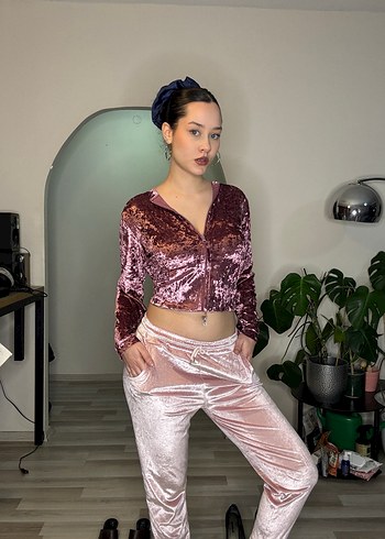 Kadın Parlak Pembe Kadife Eşofman Takımı - Görsel 4